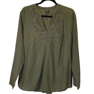 Eddie Bauer Women L Olive Green Long Sleeve Floral Embroidered Shirt silk blend